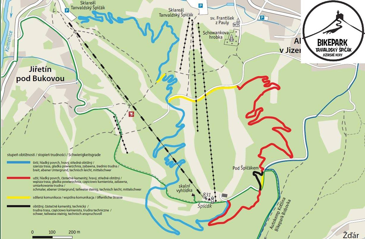 Mapa trailů Bikeparku Tanvaldský Špičák